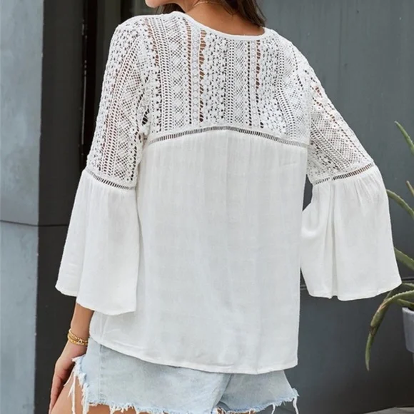 07 Boho White Floral Crochet Lace Button Down Top - Picture 4 of 9